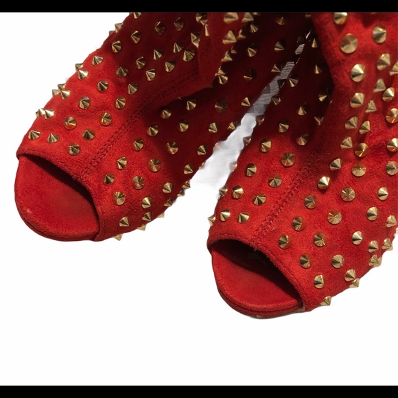 JustFab Ladies Red Spiked Peeptoe Booties - Picture 3 of 4